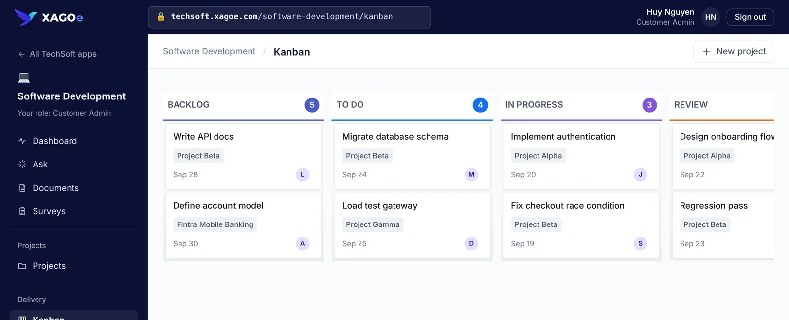 TechSoft.one's software development kanban with tasks in Backlog, To do, In progress and Review