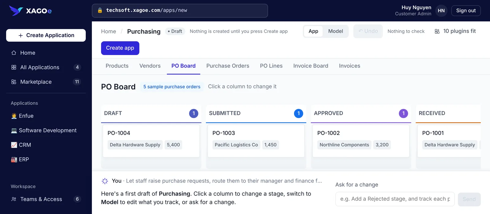 A draft application with a purchase order board and an Ask for a change box