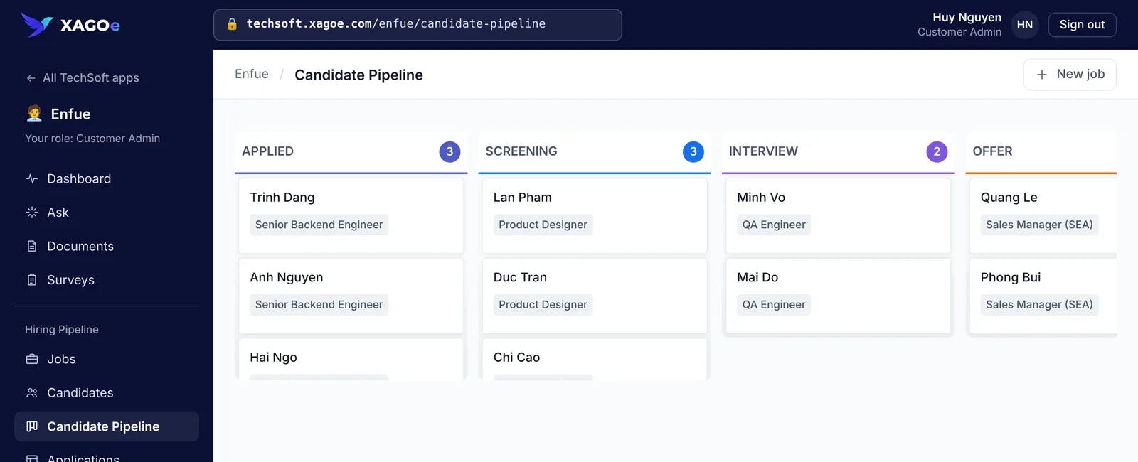 Enfue candidate pipeline with candidates in Applied, Screening, Interview, Offer and Hired